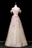 Champagne Off-the-Shoulder Floral Tulle Evening Gown | Gold Glitter Prom Dress HZ0429