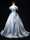 Gray Blue Satin Long Prom Dress, Elegant Off the Shoulder Formal Party Dress HZ0429