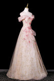 Champagne Off-the-Shoulder Floral Tulle Evening Gown | Gold Glitter Prom Dress HZ0429
