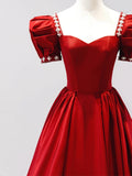 Burgundy Satin Floor Length Princess Dress with Beaded, A-Line Short Sleeve Evening Party Dress HZ0429