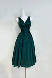 Dark Green Satin Midi Prom Dress V Neck Sleeveless Formal Gown HZ0429