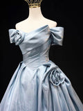 Gray Blue Satin Long Prom Dress, Elegant Off the Shoulder Formal Party Dress HZ0429