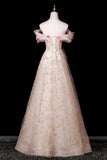 Champagne Off-the-Shoulder Floral Tulle Evening Gown | Gold Glitter Prom Dress HZ0429