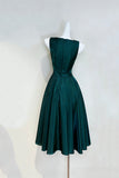 Dark Green Satin Midi Prom Dress V Neck Sleeveless Formal Gown HZ0429