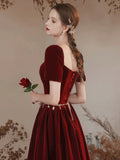 Lovely Velvet Long Prom Dress, Burgundy A-Line Short Sleeve Evening Dress HZ0429