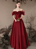 Burgundy Satin Off the Shoulder Floor Length Prom Dress, Beautiful A-Line Evening Dress HZ0429