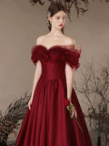 Burgundy Satin Off the Shoulder Floor Length Prom Dress, Beautiful A-Line Evening Dress HZ0429
