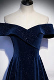 Navy Velvet Long Prom Dress, A-Line Off the Shoulder Evening Party Dress HZ0429