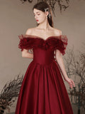 Burgundy Satin Off the Shoulder Floor Length Prom Dress, Beautiful A-Line Evening Dress HZ0429