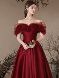 Burgundy Satin Off the Shoulder Floor Length Prom Dress, Beautiful A-Line Evening Dress HZ0429