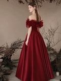 Burgundy Satin Off the Shoulder Floor Length Prom Dress, Beautiful A-Line Evening Dress HZ0429