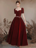 Lovely Velvet Long Prom Dress, Burgundy A-Line Short Sleeve Evening Dress HZ0429