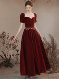 Lovely Velvet Long Prom Dress, Burgundy A-Line Short Sleeve Evening Dress HZ0429