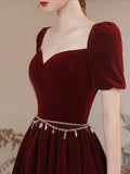 Lovely Velvet Long Prom Dress, Burgundy A-Line Short Sleeve Evening Dress HZ0429