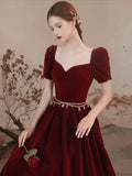 Lovely Velvet Long Prom Dress, Burgundy A-Line Short Sleeve Evening Dress HZ0429