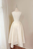 Elegant Ivory Satin Square Neck Midi Dress, A-Line Prom Party Dress HZ0429