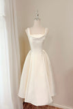 Elegant Ivory Satin Square Neck Midi Dress, A-Line Prom Party Dress HZ0429