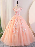 Pink V-Neck Tulle Lace Floor Length Prom Dress, Beautiful Off the Shoulder A-Line Party Evening Dress HZ0429