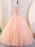 Pink V-Neck Tulle Lace Floor Length Prom Dress, Beautiful Off the Shoulder A-Line Party Evening Dress HZ0429
