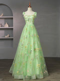 Green Floral Tulle Long Formal Dress, Beautiful A-Line Evening Party Dress HZ0429
