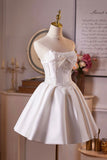 White Satin Lace Short Prom Dress, A-Line Sweetheart Neck Party Dress HZ0429