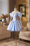 Light Blue Off-the-Shoulder Short Prom Dress with Puffy Skirt HZ0429