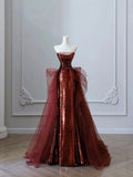 Burgundy Sequins Tulle Long Prom Dress, Beautiful Strapless Evening Party Dress HZ0429
