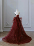 Burgundy Sequins Tulle Long Prom Dress, Beautiful Strapless Evening Party Dress HZ0429