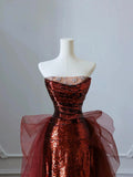 Burgundy Sequins Tulle Long Prom Dress, Beautiful Strapless Evening Party Dress HZ0429