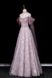 Sparkly Dusty Pink Off-the-Shoulder Prom Dress, A-Line Formal Dress with Sheer Scarf HZ0429