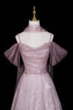 Sparkly Dusty Pink Off-the-Shoulder Prom Dress, A-Line Formal Dress with Sheer Scarf HZ0429