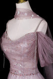 Sparkly Dusty Pink Off-the-Shoulder Prom Dress, A-Line Formal Dress with Sheer Scarf HZ0429