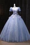 Blue Tulle Sequins Long Prom Dress with Flower, Beautiful Short Sleeve Party Dress HZ0429