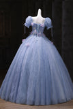 Blue Tulle Sequins Long Prom Dress with Flower, Beautiful Short Sleeve Party Dress HZ0429
