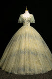 Sage Green Flower Fairy Long Prom Dress, A-Line Square Neckline Short Sleeve Formal Dress HZ0429