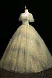 Sage Green Flower Fairy Long Prom Dress, A-Line Square Neckline Short Sleeve Formal Dress HZ0429