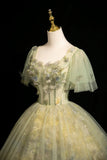 Sage Green Flower Fairy Long Prom Dress, A-Line Square Neckline Short Sleeve Formal Dress HZ0429