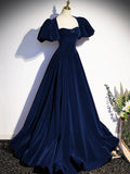 Blue Velvet Floor Length Prom Dress, Beautiful Open Back Evening Dress with Pearls HZ0429