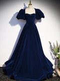 Blue Velvet Floor Length Prom Dress, Beautiful Open Back Evening Dress with Pearls HZ0429