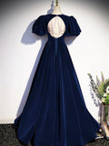 Blue Velvet Floor Length Prom Dress, Beautiful Open Back Evening Dress with Pearls HZ0429