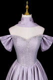 Sparkly Satin A-Line Formal Dress with Puff Sleeves, Lilac Off-the-Shoulder Prom Gown HZ0429