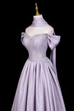 Sparkly Satin A-Line Formal Dress with Puff Sleeves, Lilac Off-the-Shoulder Prom Gown HZ0429