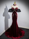 Mermaid Velvet Long Prom Dress, Burgundy Sweetheart Neck Evening Party Dress HZ0429