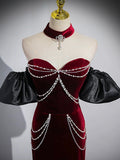 Mermaid Velvet Long Prom Dress, Burgundy Sweetheart Neck Evening Party Dress HZ0429