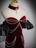 Mermaid Velvet Long Prom Dress, Burgundy Sweetheart Neck Evening Party Dress HZ0429