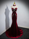 Mermaid Velvet Long Prom Dress, Burgundy Sweetheart Neck Evening Party Dress HZ0429