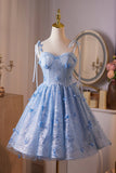 Blue Tulle Lace Short A-Line Prom Party Dress, Cute Spaghetti Strap Homecoming Dress HZ0429