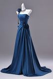 Elegant Blue Satin Ruched Bodice Evening Dress with Train HZ0429