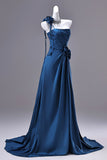 Elegant Blue Satin Ruched Bodice Evening Dress with Train HZ0429