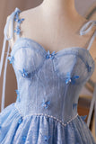 Blue Tulle Lace Short A-Line Prom Party Dress, Cute Spaghetti Strap Homecoming Dress HZ0429